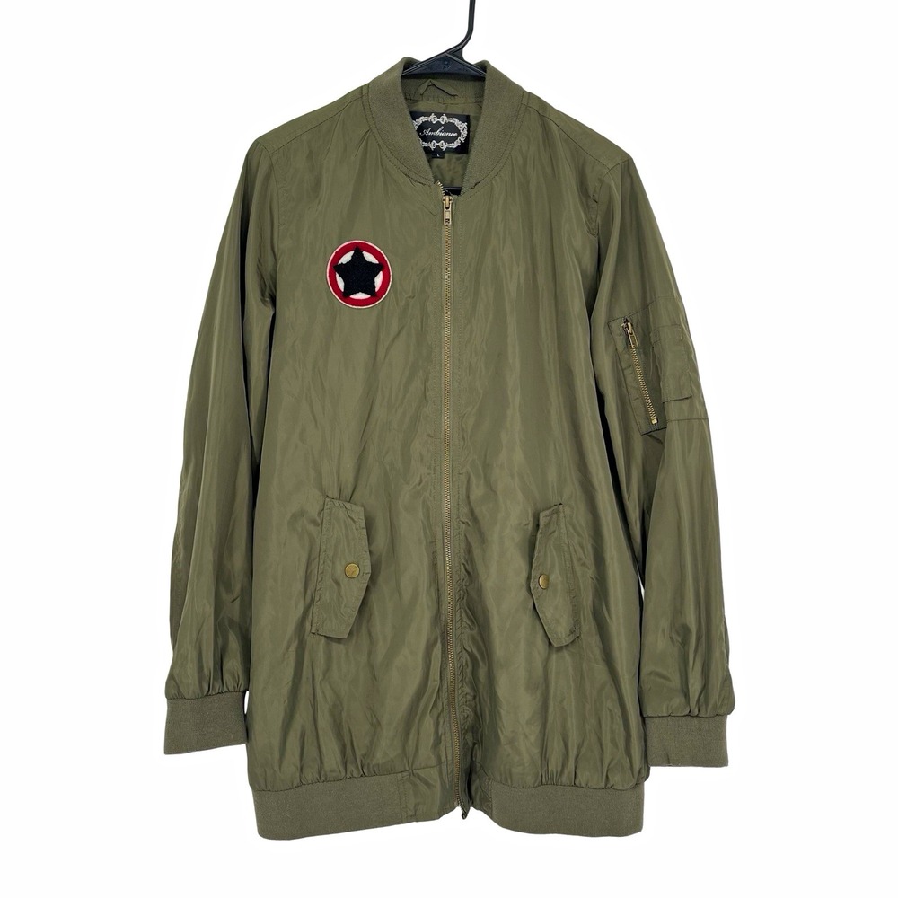 Ambiance Olive Green Longline Bomber Jacket L Military Flight Aviator Streetwear